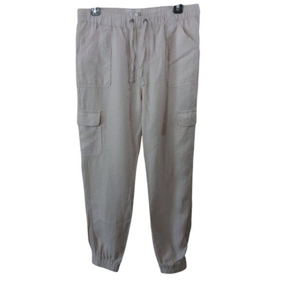 NICOLE MILLER Linen Cargo Pull On Elastic Drawstring Waist Khaki Jogger Pants M - Picture 2 of 15